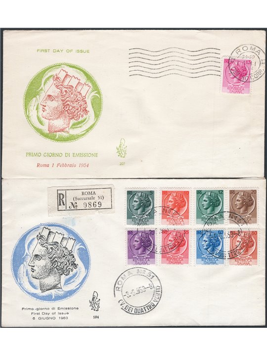 Italian Republic 1953/54 ‘Italia Turrita’ series with wheel watermark on 2 Venetia FDCs sent by registered post No. 710/18
