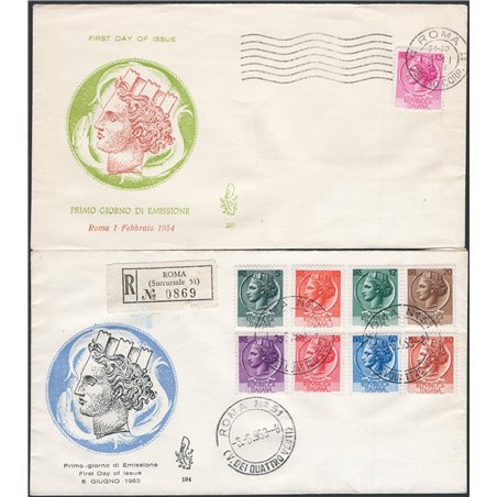 Italian Republic 1953/54 ‘Italia Turrita’ series with wheel watermark on 2 Venetia FDCs sent by registered post No. 710/18