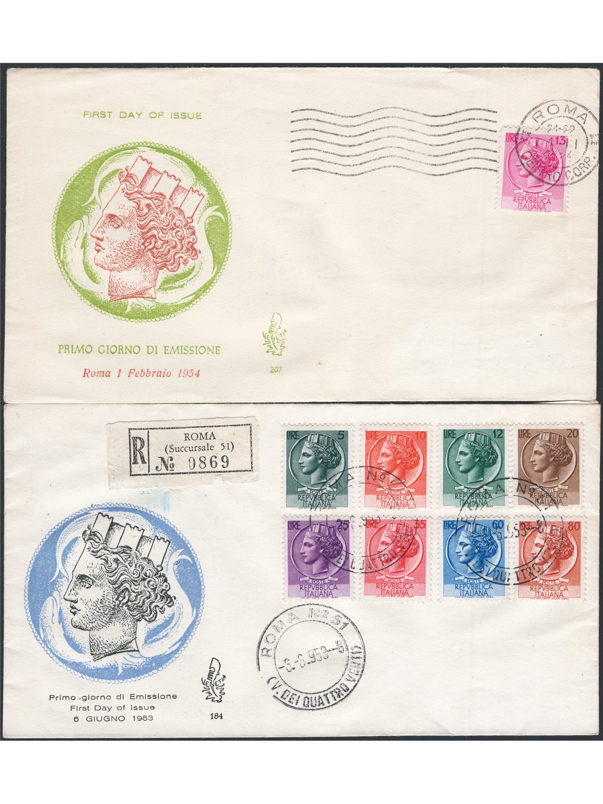 Italian Republic 1953/54 ‘Italia Turrita’ series with wheel watermark on 2 Venetia FDCs sent by registered post No. 710/18