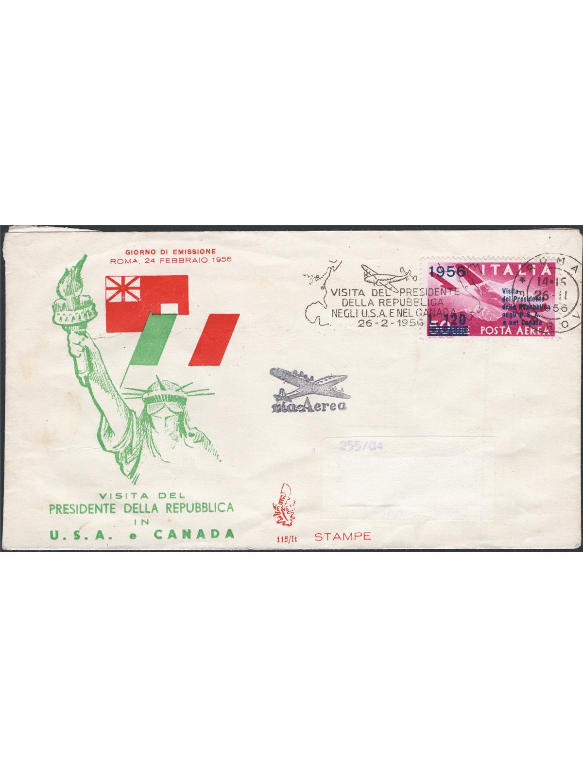 Italia Repubblica 24/2/1956 Gronchino su FDC Venetia P.A. n° 153