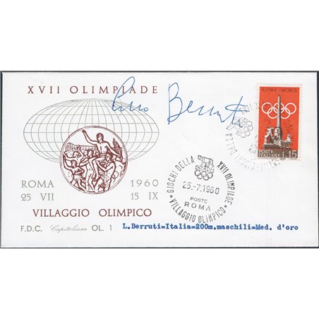 Italia Repubblica 25/7/1960 FDC Olimpiadi di Roma busta del villaggio Olimpico con firma autografa di “Livio Berruti” medaglia d