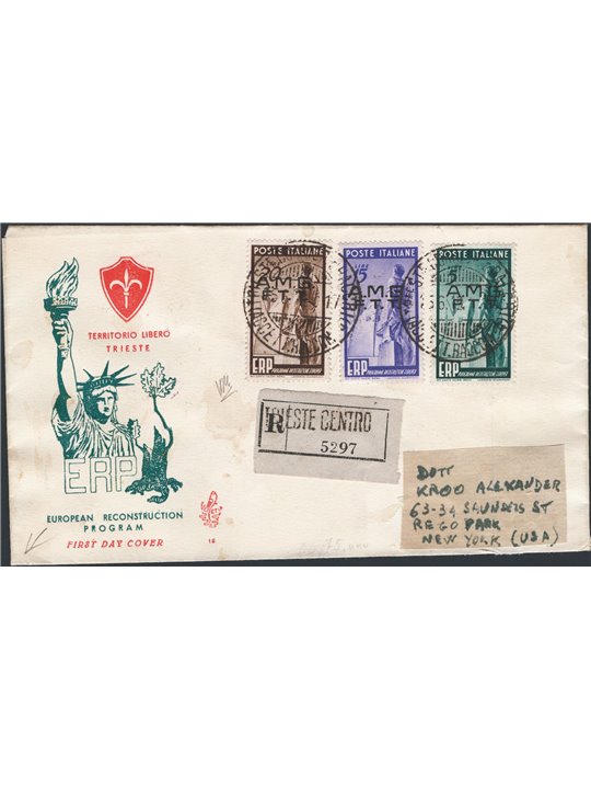 Trieste A 15/6/1949 ERP: the series sent by registered post on a Venetia first-day cover with supplementary postage on the rever