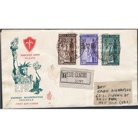Trieste A 15/6/1949 ERP la serie viaggiata per raccomandata su FDC Venetia con affrancatura complementare sul retro in quanto in
