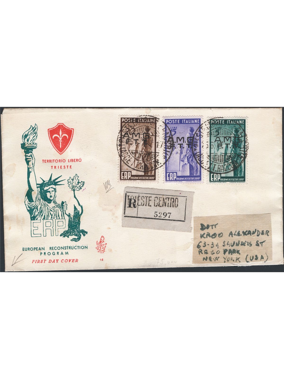 Trieste A 15/6/1949 ERP la serie viaggiata per raccomandata su FDC Venetia con affrancatura complementare sul retro in quanto in