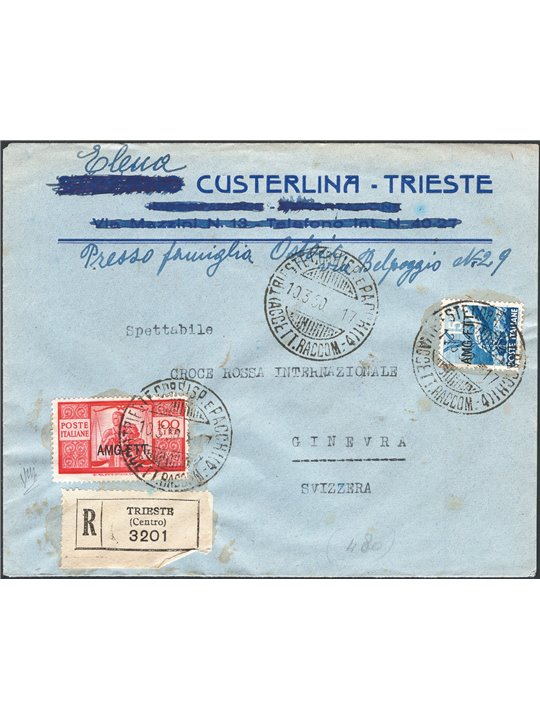 Trieste A 10/3/1950 Registered post from Trieste to Geneva (Switzerland) franked with ‘Democratica’ (1949/50) 15 £ + 100 £. On t