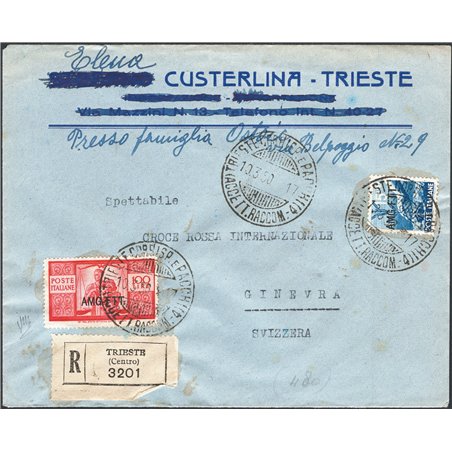 Trieste A 10/3/1950 Registered post from Trieste to Geneva (Switzerland) franked with ‘Democratica’ (1949/50) 15 £ + 100 £. On t