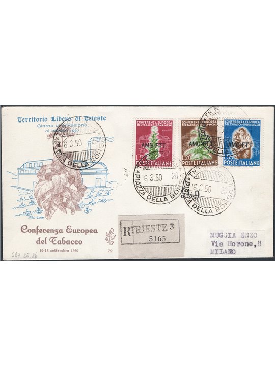Trieste A 15/ 7/1950 Tobacco: the series on registered post first-day cover ‘Venetia’ nos. 84/ 86
