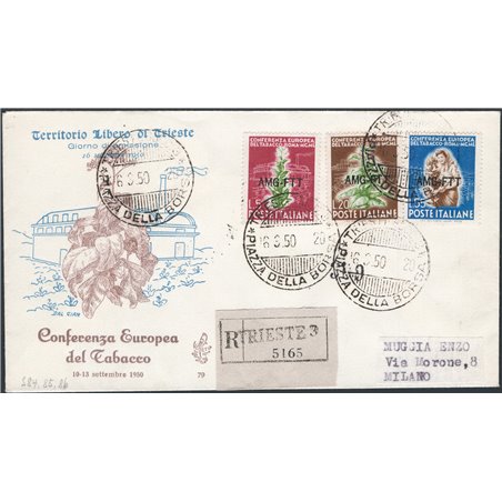 Trieste A 15/ 7/1950 Tobacco: the series on registered post first-day cover ‘Venetia’ nos. 84/ 86