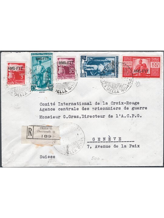 Trieste A 13/3/1951 Registered letter from Trieste to Geneva fine franking