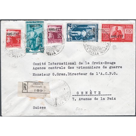 Trieste A 13/3/1951 Registered letter from Trieste to Geneva fine franking