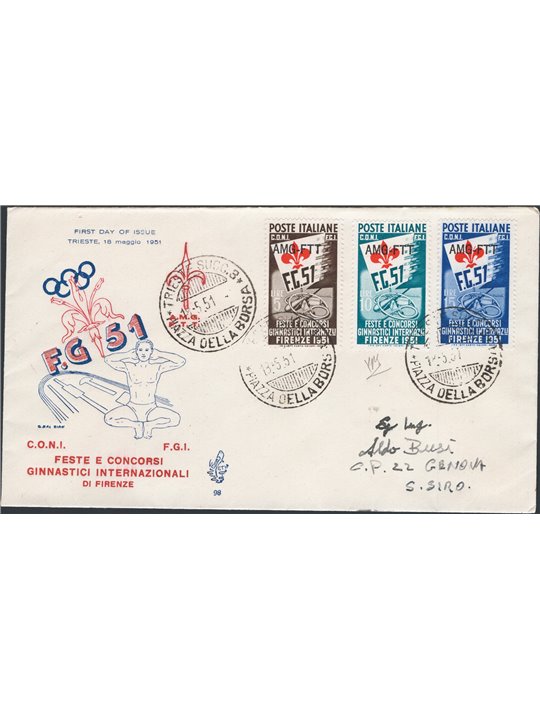 Trieste A 15/5/1951 Ginnici series on FDC Venetia nos. 116/18 Cert. CiBaFil Cat. € 450