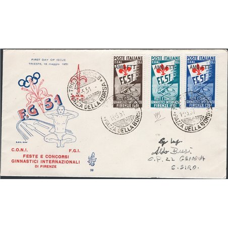 Trieste A 15/5/1951 Ginnici series on FDC Venetia nos. 116/18 Cert. CiBaFil Cat. € 450