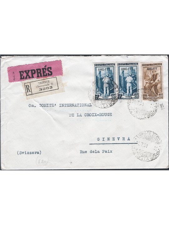 Trieste A 21/7/1951 Express registered letter from Tri to Geneva franked with ‘Italia al Lavoro’ pair of 15 £ + 200 £ nos. 96 + 