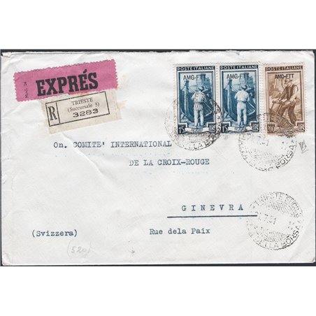 Trieste A 21/7/1951 Raccomandata Espresso da Trieste per Ginevra affrancata con Italia al Lavoro coppia del 15 £ + 200 £ n° 96 +