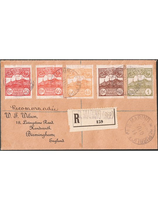 San Marino 11 June 1910 Registered letter from San Marino to Birmingham (England) franked with ‘Vedute del 190’ 3 30 c. + 40 + 4