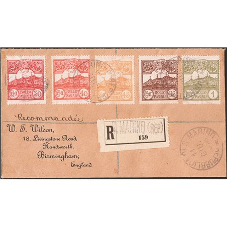 San Marino 11 June 1910 Registered letter from San Marino to Birmingham (England) franked with ‘Vedute del 190’ 3 30 c. + 40 + 4