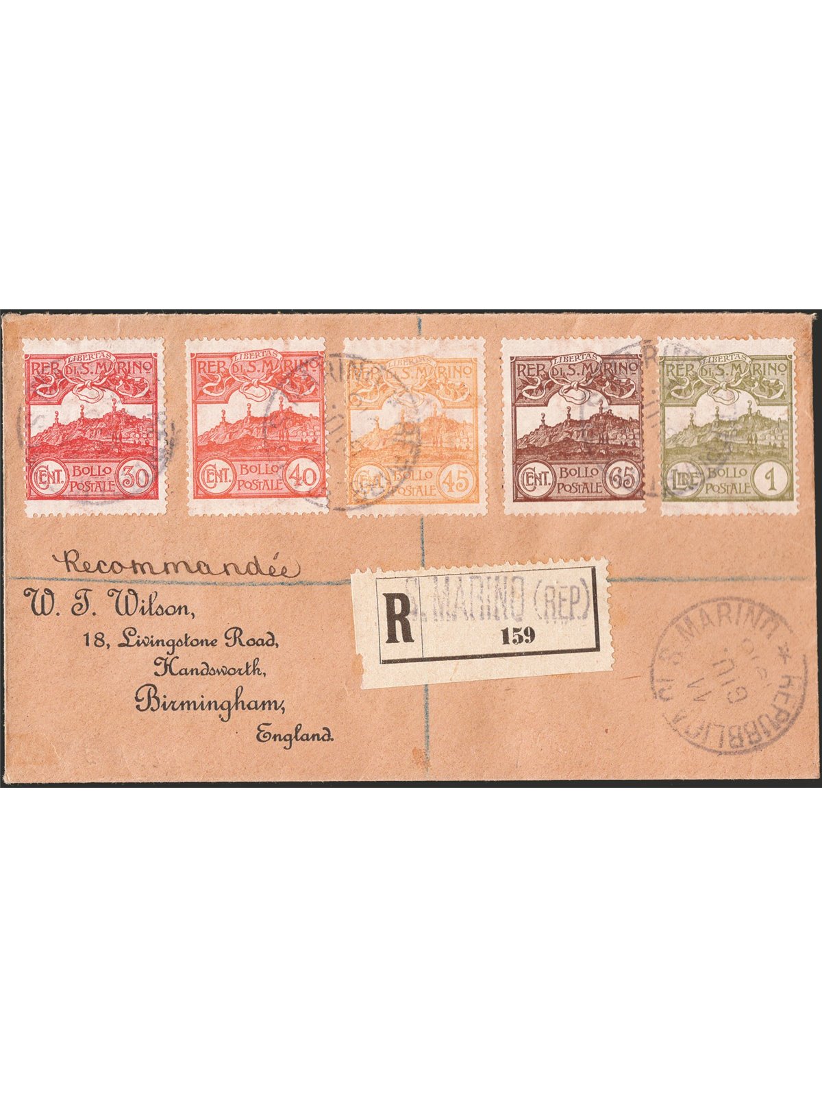 San Marino 11/6/1910 Raccomandata da S. Marino per Birmingham (Inghilterra) affrancato con Vedute del 1903 30 c. + 40 + 45 + 65 