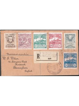 San Marino 11/6/1910 Raccomandata da S. Marino per Birmingham (Inghilterra) affrancato con Vedute 2 c. + 5 + 10 + 25 n° 34/36 + 