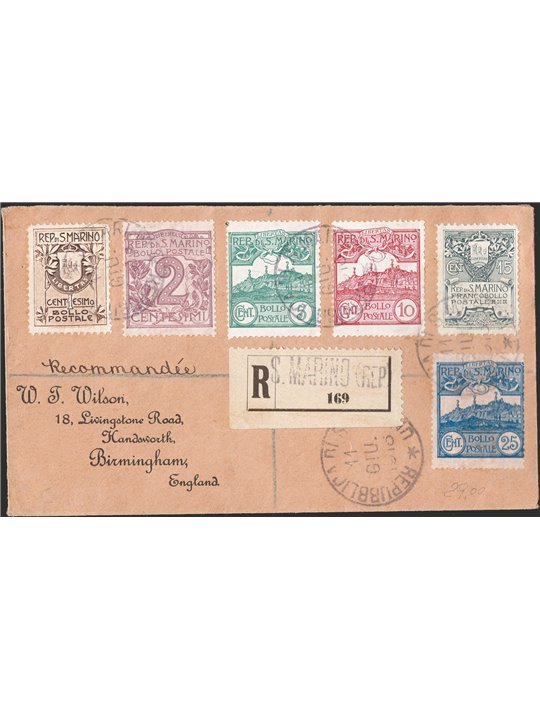 San Marino 11/6/1910 Registered letter from San Marino to Birmingham (England) franked with ‘Vedute’ 2 c. + 5 + 10 + 25 No. 34/3