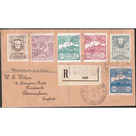 San Marino 11/6/1910 Registered letter from San Marino to Birmingham (England) franked with ‘Vedute’ 2 c. + 5 + 10 + 25 No. 34/3