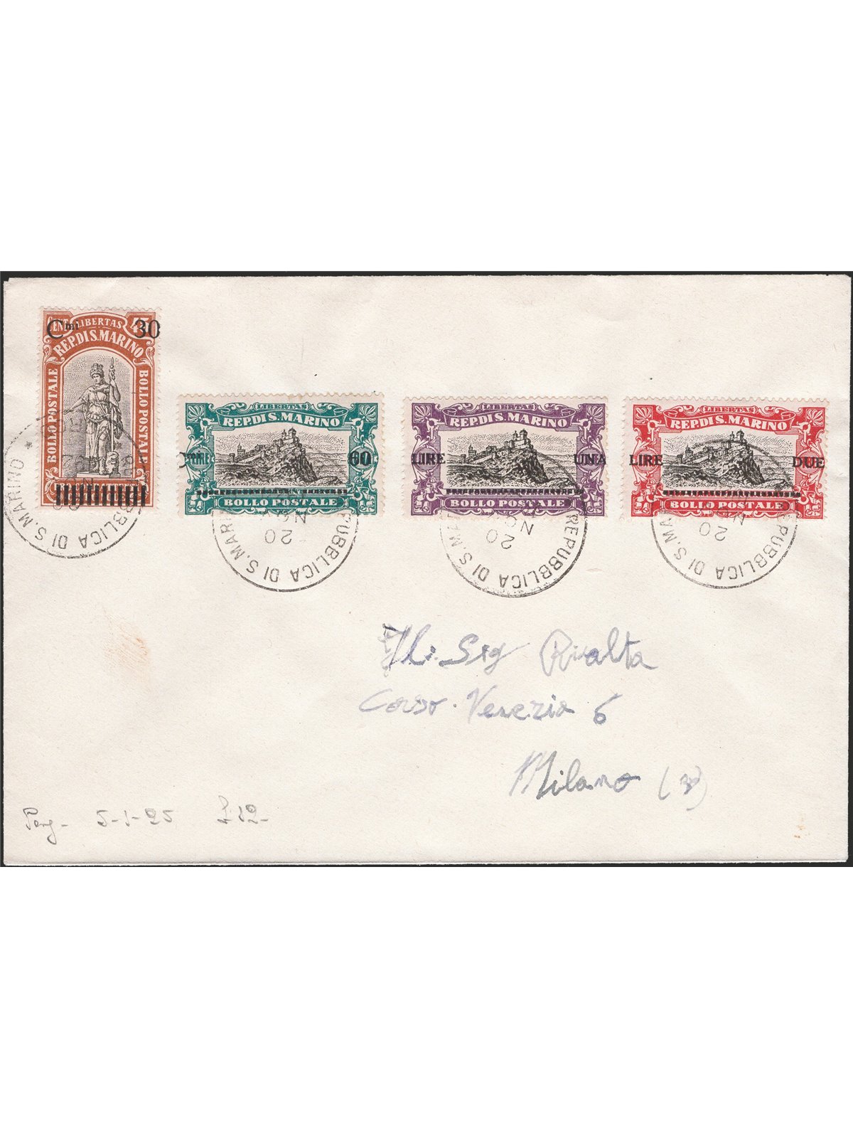 San Marino 20/9/1924 Lettera da San Marino per Milano affrancata con serie "Pro Combattenti" n° 103/06 soprast. con nuovo valore