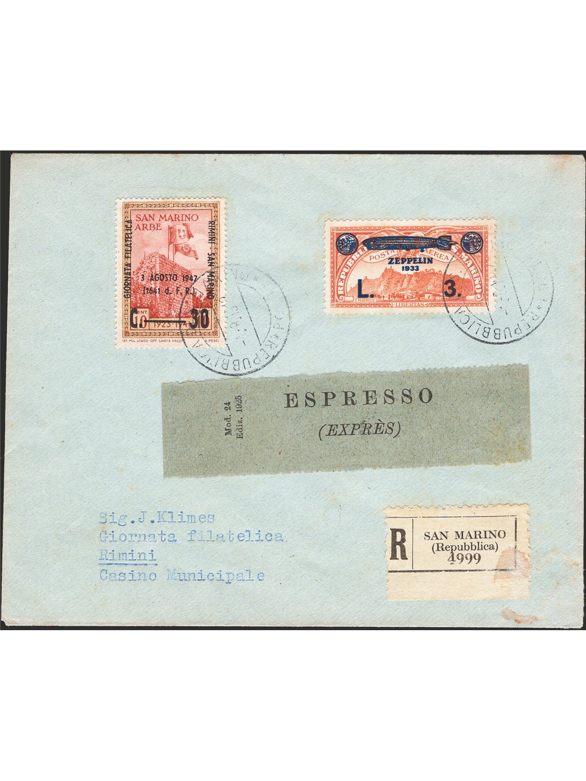 San Marino 1942 Special Collection for Rimini Rare Irregular Use Cat. €400+ Zeppelin+Arbe