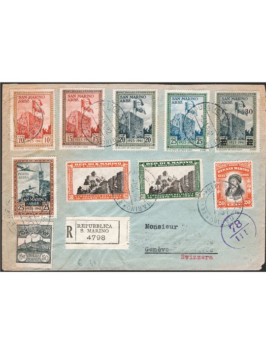 San Marino 1942 Racc. per Svizzera con Affrancatura Multipla e Censura