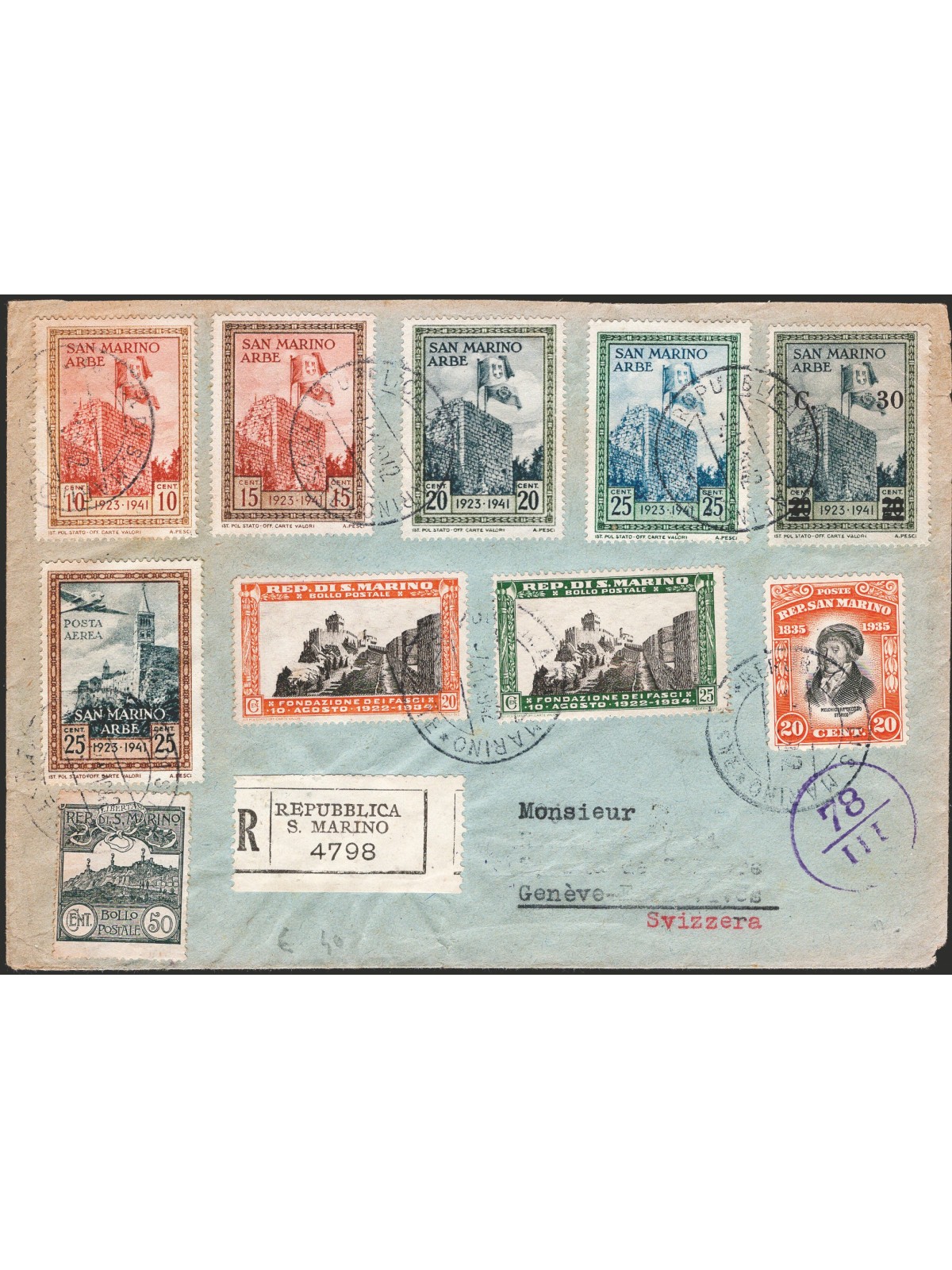San Marino 1942 Collection for Switzerland with Multiple Postage and Censorship