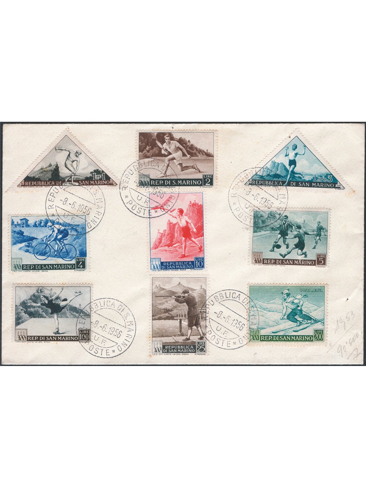 San Marino 1953 Propaganda Sportiva la serie su busta filatelica non viaggiata n° 391/98 + P.A. 111