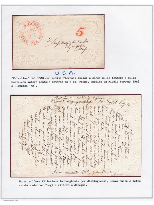 U.S.A. 1840 Valentina con valore postale da 5 ct. rosso spedita da Middle Borough (MS) a Plympton (MS)