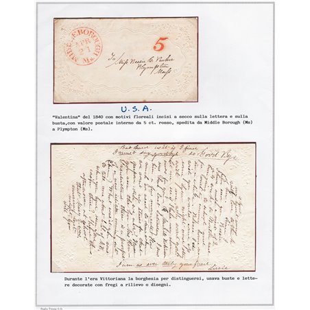U.S.A. 1840 Valentina con valore postale da 5 ct. rosso spedita da Middle Borough (MS) a Plympton (MS)