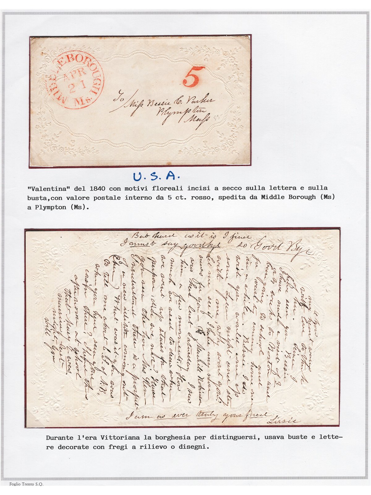 U.S.A. 1840 Valentina con valore postale da 5 ct. rosso spedita da Middle Borough (MS) a Plympton (MS)