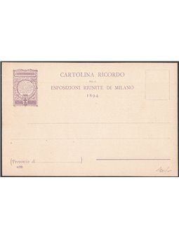 Postal Stationery Kingdom of Italy 1894 Private commission Proof without the stamp printed for the Milan Exhibition; a rare item