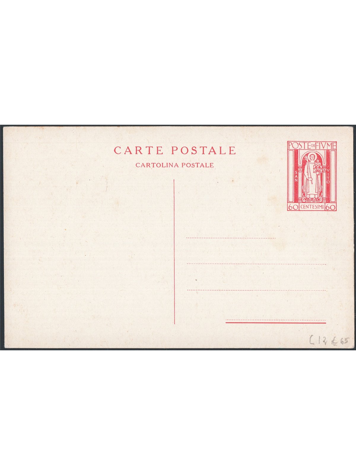 Interi Postali Fiume 1922 S. Vito 60 c. rosso n° C12 nuovo Cat. € 65