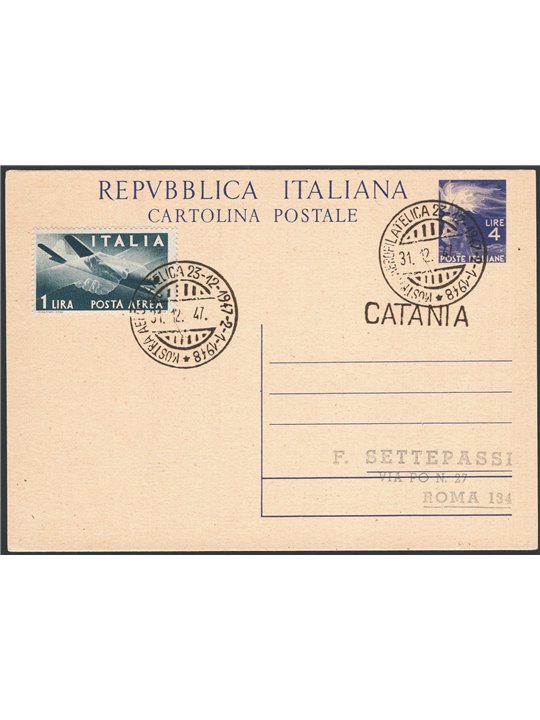 Interi Postali Italia Repubblica 23/8/1947 Democratica 4 £ viola n° C133 usato Cat. € 100