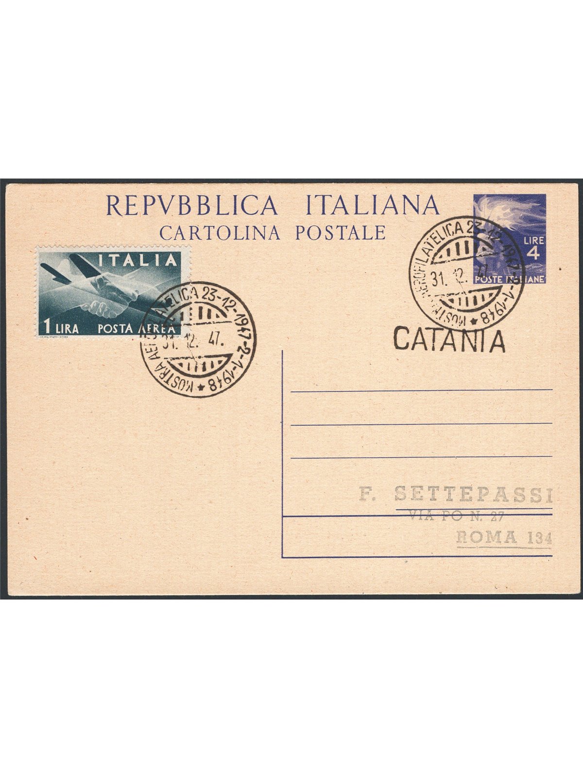 Postal Stationery Italy Democratic Republic 23/8/1947 4 £ purple No. C133 used Cat. €100