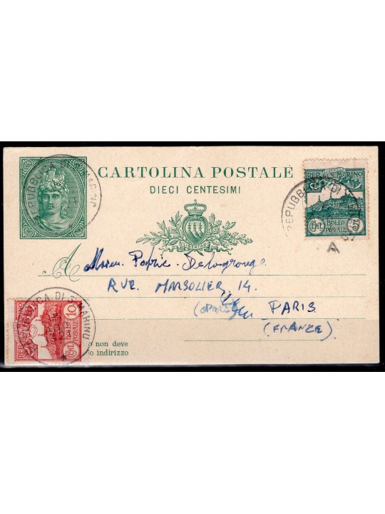 Interi Postali San Marino 1921 Libertas 10 c. verde da San Marino per Parigi n° C3C viaggiato con francobolli aggiuntivi per l'e