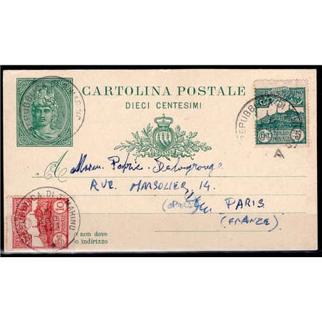 Postal Stationery San Marino 1921 Libertas 10 c. green from San Marino to Paris no. C3C sent with additional stamps for overseas