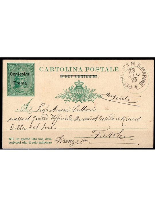 Postal Stationery San Marino 1921 ‘Libertas’ 30 c. on 10 green no. C8 sent Cat. € 125.