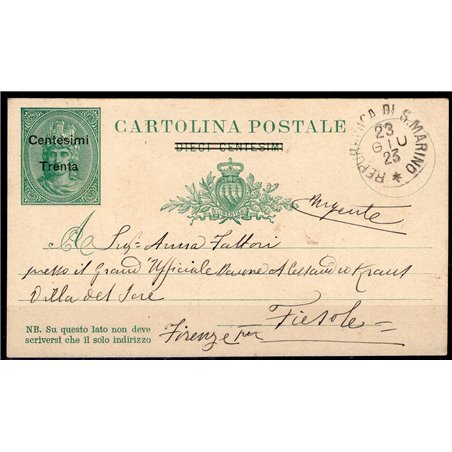 Postal Stationery San Marino 1921 ‘Libertas’ 30 c. on 10 green no. C8 sent Cat. € 125.