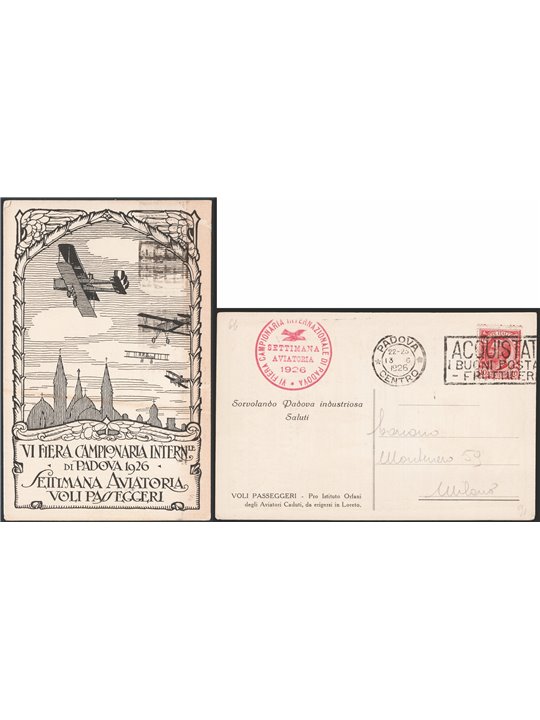 Voli 7/6/1926 Padova Settimana Aviatoria cartolina voli passeggeri Sassone n° 64 Cat. € 125