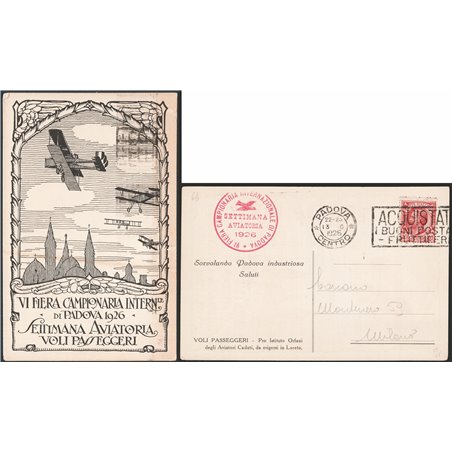 Voli 7/6/1926 Padova Settimana Aviatoria cartolina voli passeggeri Sassone n° 64 Cat. € 125