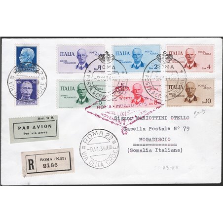 Primi Voli 9/11/1934 Aerogramma da Roma per Mogadiscio affrancato con omonima serie + Imperiale 50 c. e 1,25 £ P.A n° 83/88. Al 