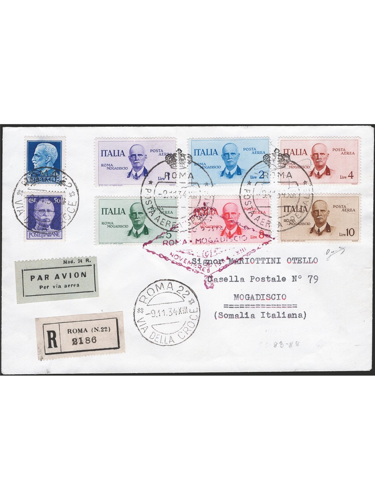 Primi Voli 9/11/1934 Aerogramma da Roma per Mogadiscio affrancato con omonima serie + Imperiale 50 c. e 1,25 £ P.A n° 83/88. Al 