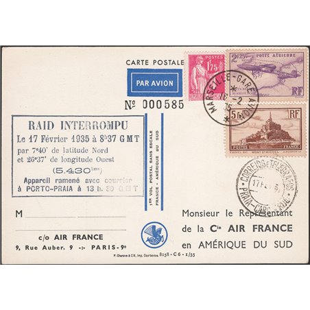 First Flights 16/ 2/1935 Special postcard commemorating the first non-stop flight from Marseille to South America. Flight interr