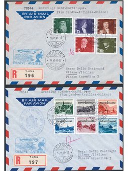 First Flights 14/6/ 1948 1st Flight Geneva–Antilles–Milan departing from Kaduz. The two official envelopes with transit and arri