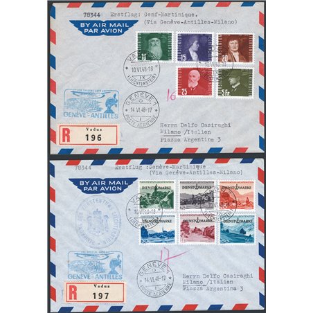First Flights 14/6/ 1948 1st Flight Geneva–Antilles–Milan departing from Kaduz. The two official envelopes with transit and arri