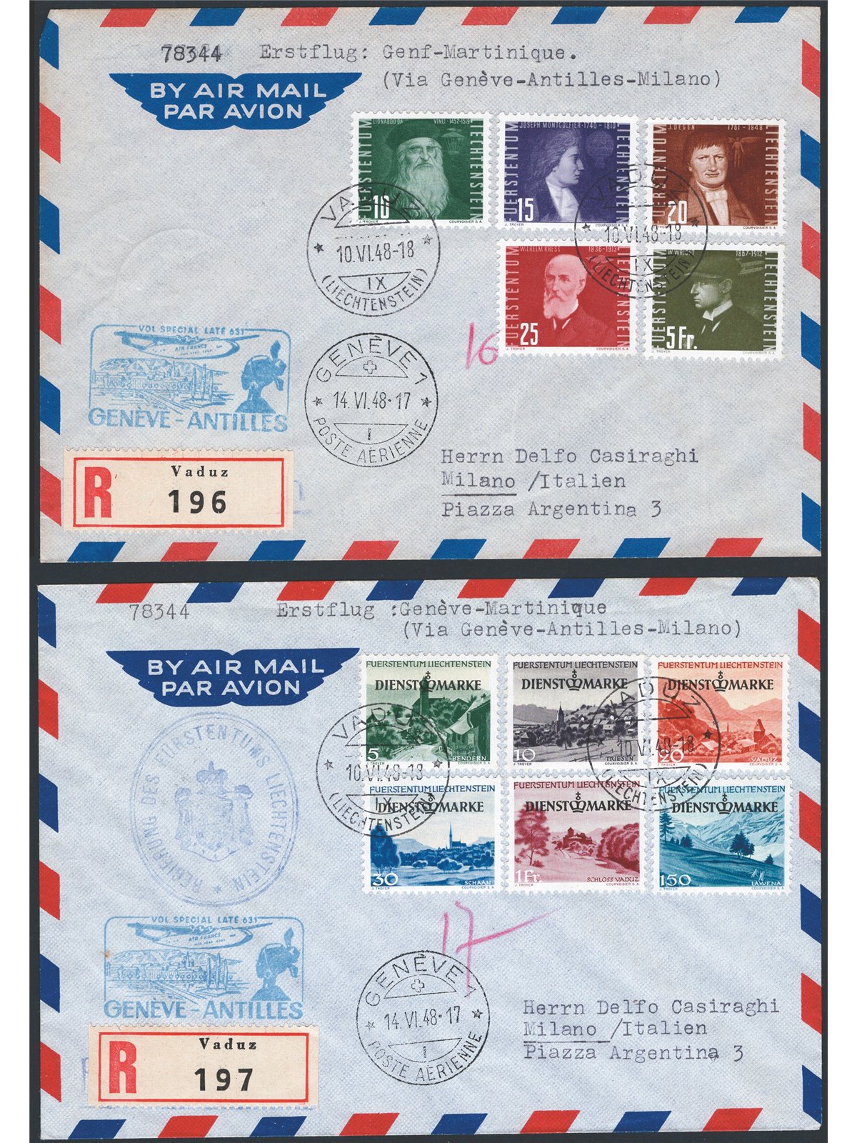 First Flights 14/6/ 1948 1st Flight Geneva–Antilles–Milan departing from Kaduz. The two official envelopes with transit and arri