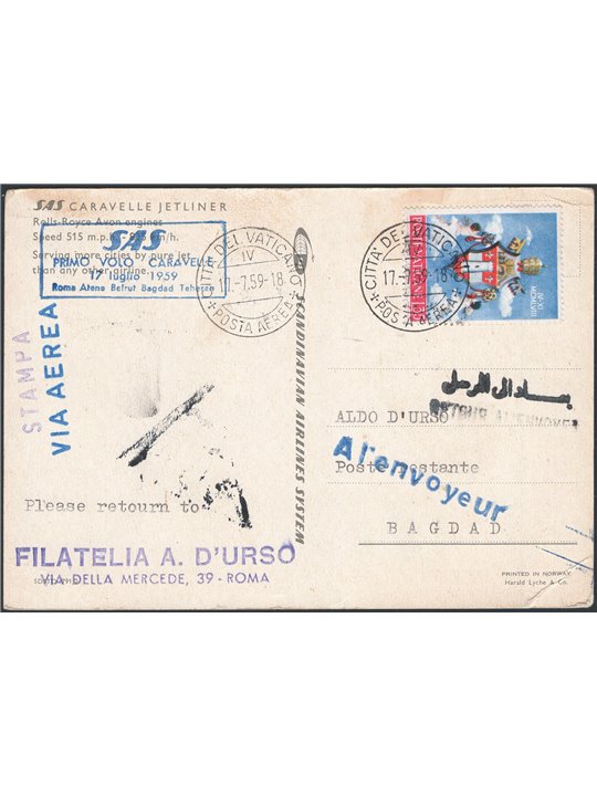 First Flights 17/7/1959 1st Flight H.S.H. from the Vatican to Baghdad Cat. Pellegrini No. 1006