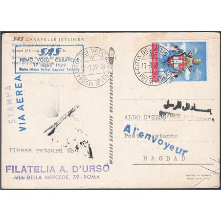 Primi Voli 17/7/1959 1° Volo S.A.S. dal Vaticano per Bagdad cat. Pellegrini n° 1006
